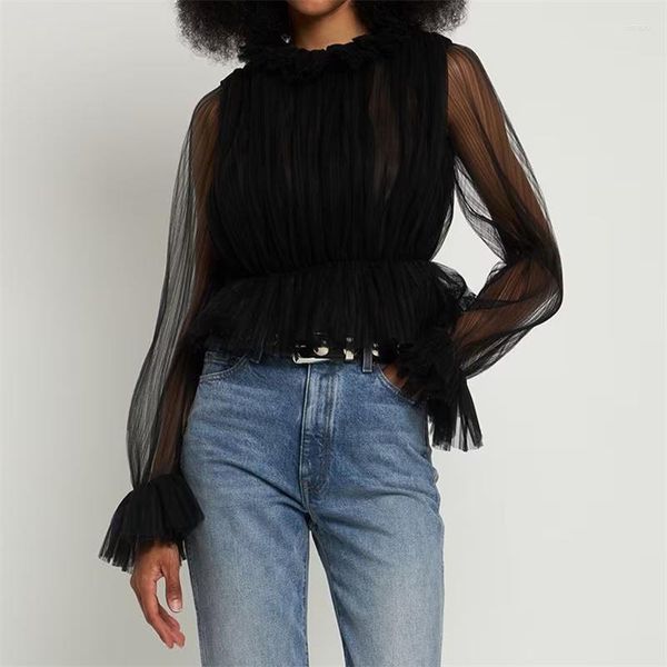 Blouses pour femmes Fashion Woman Blouse 2023 dans l'automne tendance maillée épissée à collier haute