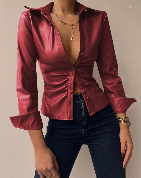 Blusas de mujer Moda Mujer Blusa 2023 Primavera Pu Cuero Botón Abajo Casual Llanura Cuello vuelto Manga larga Camisa diaria Top Y2K