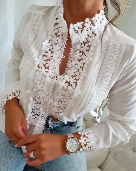 Blouses Femmes Mode Femme Chemisier 2024 Printemps Motif Floral Dentelle Patch Creux Manches Longues Col Montant Décontracté Uni Quotidien Haut