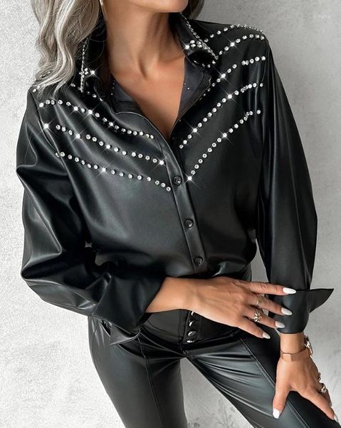 Blouses Femme Mode Femme Chemisier Printemps Boutonné Strass Cuir PU Décontracté Col Rabattu Uni Manches Longues Haut Quotidien Y2K Vêtements