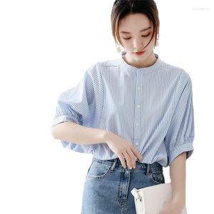 Blusas de mujer Moda Mujer Camisas a rayas Camisetas de manga larga para mujer Camisa abotonada Cuello de polo Ropa femenina Básica Damas E85