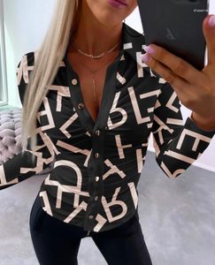 Vrouwen Blouses Mode Vrouwen 2023 Herfst Brief Print Ruches Dichtgeknoopt Lange Mouw Top Casual Elegant Skinny Shirt Femme Kleding