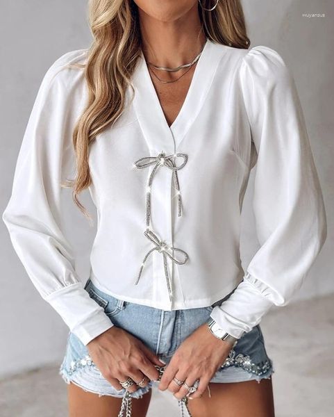 Blouses pour femmes Mode Femmes Blouse 2024 Printemps Bowknot Design Col En V À Manches Longues Haut Tempérament Bureau De Banlieue