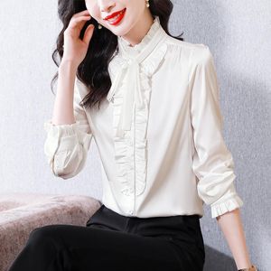 Dames blouses mode dames blouse elegante ruche frilled boog satijn lente zomer 2023 lange mouw shirt top kantoor dame formele shirts