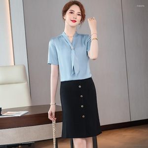 Women's Blouses Fashion Women Blue Shirts Korte mouw 2 -delige rok en tops Sets Summer Office Ladies Work Wear