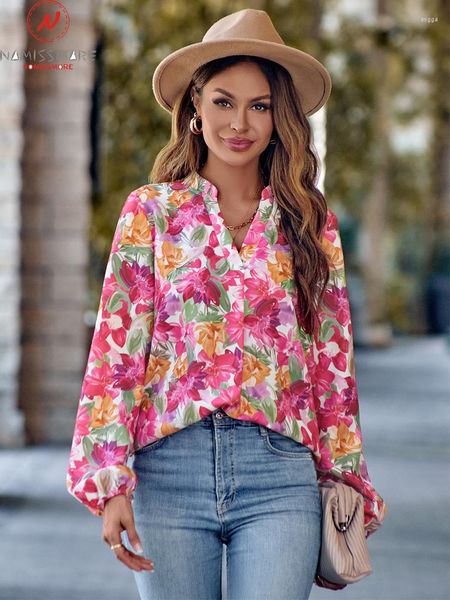 Blouses pour femmes Mode Femmes Chemisier imprimé coloré Patchwork Design Col en V Manches longues Automne Slim Pulls Top