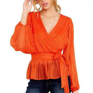 Blouses pour femmes mode femmes dames à manches longues en mousseline de soie chemise sauvage Sexy imprimé col en v à lacets hauts pullover rose Orange