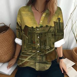Blouses pour femmes Fashion Femmes Chemises Elegant Art Painting Oil Painting Loose Linet Taille et Long Manche Casual Shirt