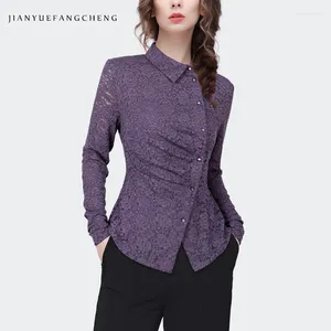 Blouses pour femmes Fashion Filo's Bow Casc en dentelle violette 2024 Tops d'été printemps élégant slim creux out