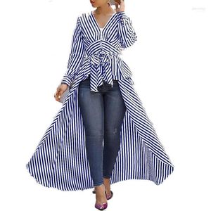 Dames blouses mode dames streep lange staart shirts casual mouw v-neck gedefinieerde taille blouse herfst dames tuniek shirts1