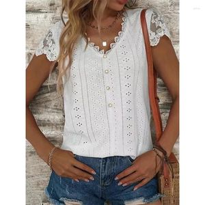 Damesblouses Mode Dames Zomer Effen Kleur T-shirt Hol Design Kant Decor V-hals Korte mouw Casual Losse Truien Top Tee