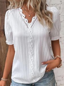 Dames blouses mode dames zomer stevige kleur buis hol uit design kanten kanten decor v-neck korte mouw casual losse pullovers top