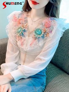 Blouses pour femmes à la mode en V tricot tricot Femmes 2024 Blouse de printemps perlé de fleur tridimensionnelle à manches longues belles