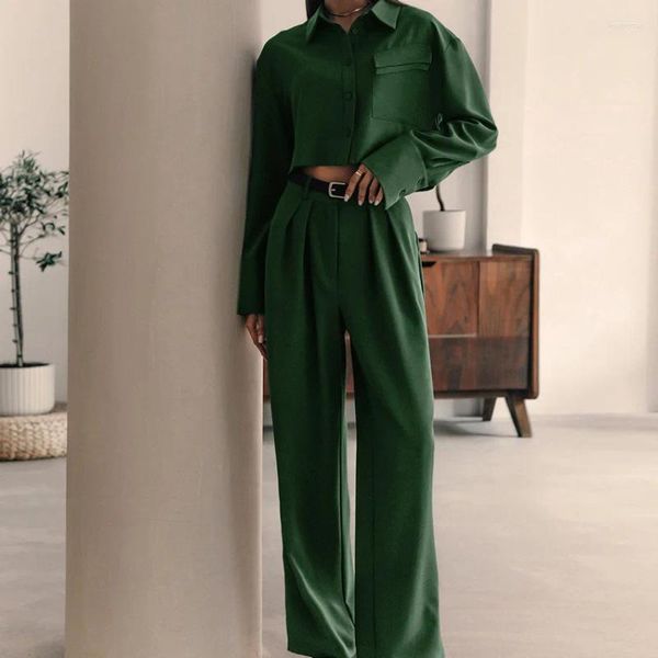 Blouses pour femmes Chemise à la mode pour femmes Costume deux pièces Ensemble avec revers vert et taille haute décontractée
