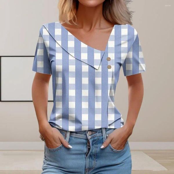 Blusas de mujer Top de mujer de moda con estilo Camiseta con cuello oblicuo con estampado a cuadros para jersey de manga corta holgado con botón de verano