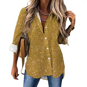 Chemisiers pour femmes Faux or métallisé Blouse décontractée à manches longues paillettes métal imprimé brillant tendance dame mode chemises surdimensionnées haut graphique