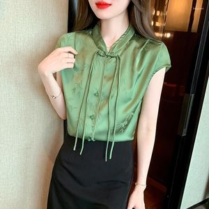 Chemisiers pour femmes chemise en fausse soie femmes été 2023 Jacquard solide mode ample sans manches Style chinois haut col en v YCMYUNYAN