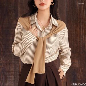 Blouses Femmes Faux Deux Pièces 2024 Automne Femme Rayé Chemises De Base Style Preppy Filles Rétro Vintage À Lacets Noeud Papillon Hauts