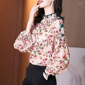 Damesblouses vrouwelijke blouse met lange mouwen vrouwen half coltrui bloem print chiffon shirt tops dames casual losse oversized g42