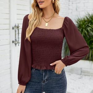 Damesblouses Dames shirt met lange mouwen Tops Herfst Vierkante hals Effen top Bladerdeeg Open rug Slanke blouse Pullover