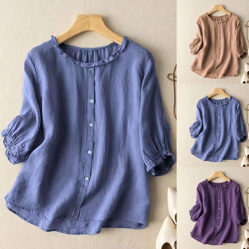 Women's Blouses Female Oversized Cotton Linen Shirt Three Quarter Sleeve O-Neck 2023 Women Summer Solid Color Blouse Fashion Casual Tops