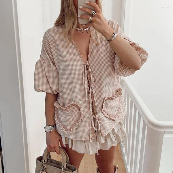 Blouses pour femmes Plaid Primp Lantern Sleeve Blouse Elegant Casual Deep V Neck Neck Lace-Up Cardigan Fashion Pockets High Street Tops