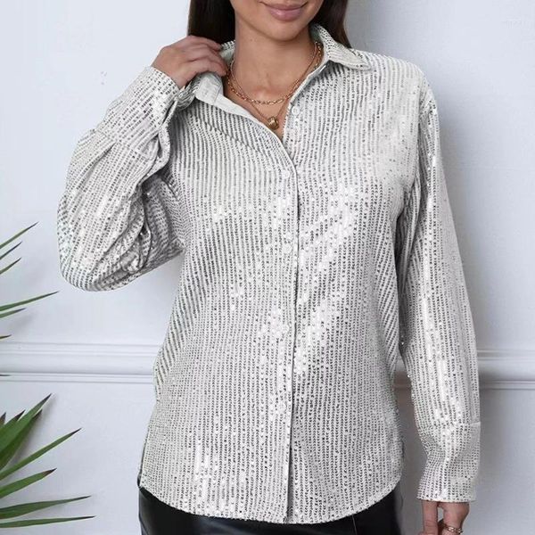 Blouses Femmes Femme Simple Boutonnage Revers Blouse Chemises 2024 Printemps Glitter Sequin Sharkly Femmes Tops Automne Manches Longues Lâche Bureau