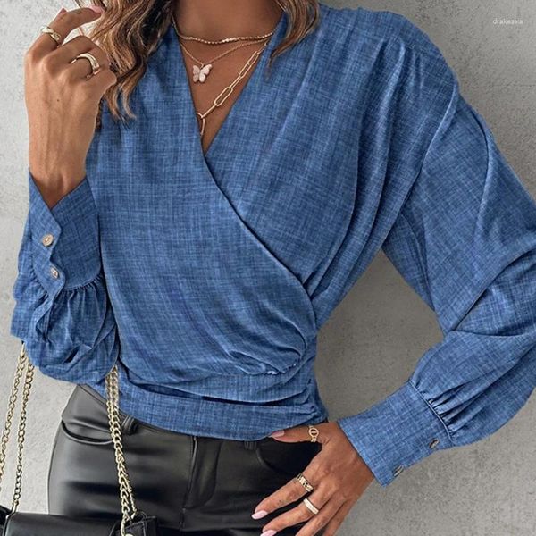 Blusas de mujer Camisa de retazos de manga larga con cuello en V para mujer Temperamento informal sexy Jersey de viaje Tops Patrón elegante Estampado High Street