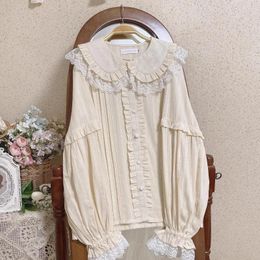 Damesblouses Vrouwelijke Vintage Zoete Kanten Kraag Lange Lantaarn Mouw Meisje Katoen Lente Harajuku Kawaii Leuke Victoriaanse Cottagecore