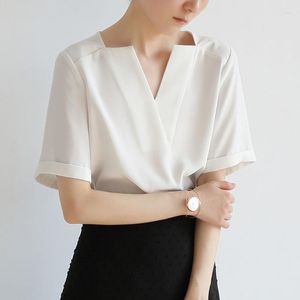 Femmes Blouses Femme Vêtements 2023 Été Col En V À Manches Courtes Chemise Simple Top Pour Femmes Vert En Mousseline De Soie Solide Casual Noir Blanc Rouge Vin