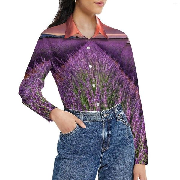 Blusas de mujer, blusa de campo de lavanda, estampado de atardecer, diseño Kawaii, ropa de calle de manga larga para mujer, camisa de otoño, ropa de gran tamaño