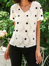 Damesblouses Finjani Polka Dot Bloemen Jacquard Shirts V-hals Korte Mouw Top Elegante Casual Kleding Voor Zomer 2024