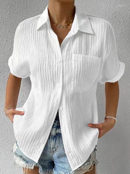 Blans pour femmes ajusté la chemise décontractée haut à manches courtes avec poches et cou rond lisse Couleur de base blanc Bureau Summer 2023