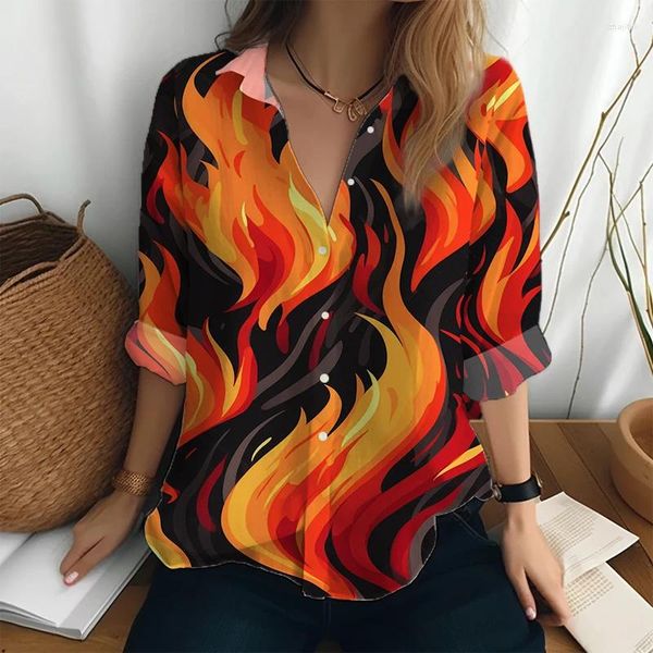 Blusas de mujer, camisa de manga larga con estampado 3D de llamas, moda de otoño sencilla con un solo pecho, cuello vuelto informal holgado de calle