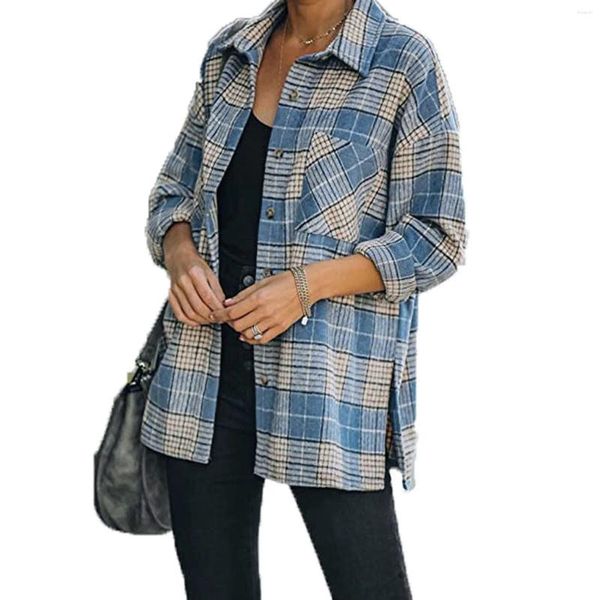 Blouses pour femmes chemises à carreaux en flanelle veste légère légère à manches longues boutons sur la poitrine poches manteaux Blusas Para Mujer