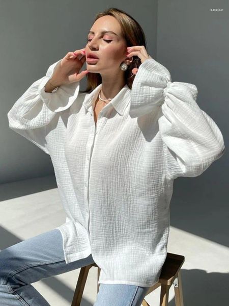 Blouses pour femmes manches évasées mi-longues chemises blanches Feminino bouton Patchwork haut pour femme pour l'automne décontracté col rabattu Camisas De