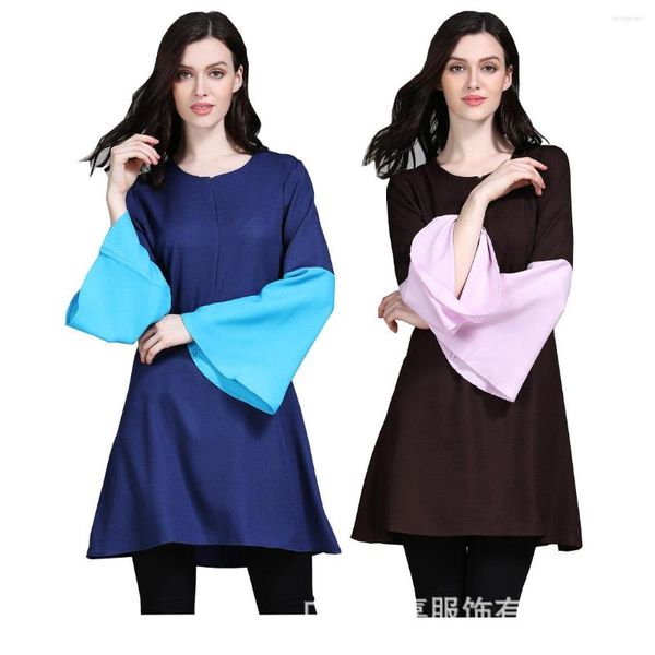 Chemisiers pour femmes Flare Sleeve Patchwork Blouse Long Casual Women Top Islamism For Muslim Fashion