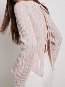 Vrouwen Blouses Flare Mouwen Voor Vrouwen 2023 Effen Slanke Mode Backless Lange Top Roze Geplooide Shirt Band Ontwerp Elegante