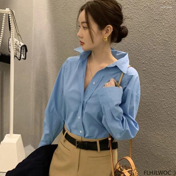 Blouses Femmes FLHJLWOC Chic Corée Tops Blusas Femmes 2024 Design Simple Boutonnage Couleur Unie Blanc Bleu Chemises De Base