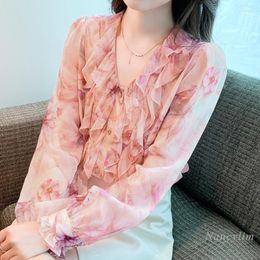 Blouses Femmes Chemise en mousseline de soie florale Femmes Printemps et automne Blouse à col en V 2023 Mode Top à manches longues Super Fairy Ruffles Chemises Blusa