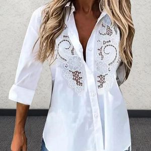 Chemisiers pour femmes dentelle florale chemises ajourées à manches longues retrousser ample blanc décontracté Tops basiques quotidien confortable chemise Sexy Blusas