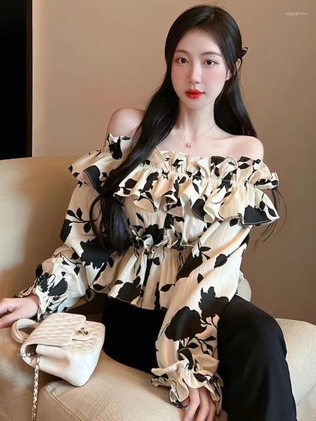 Blouses Femmes Floral Hors Épaule Élégant Jeune Blouse Femmes Coréen Volants En Mousseline De Soie Puff Manches Top Designer Lady Bureau Mode 2023