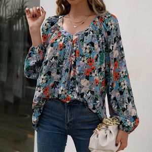 Blouses voor dames bloemenprint of tops voor vrouw 2022 mode v nek lange mouw grote size elegante dames shirts streetwear casual blouse