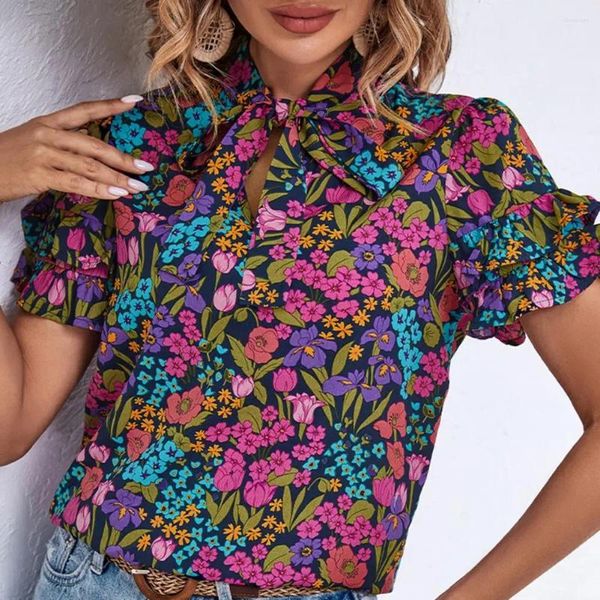 Blusas de mujer Camisa con estampado floral Estilo étnico Estampado de verano con cuello alto Corbata con volantes Manga corta holgada para A