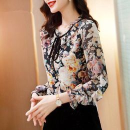 Chemisiers pour femmes chemise florale femme rétro grande taille élégant thaï 2023 en mousseline de soie Qi mode Super fée poilu à manches longues chemisier à col rond