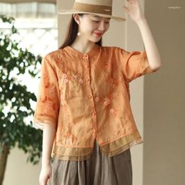 Camicette da donna Camicie ricamate in stile cinese a fiori Camicette estive a tre maniche in cotone e lino con top ampio o collo