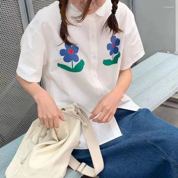 Blouses Femmes Fleur Imprimer Preppy Style Harajuku Blanc Vintage Femmes Chemise Coréenne Femmes Tops 2023 Kawaii Blusas Été Casual Boutonné