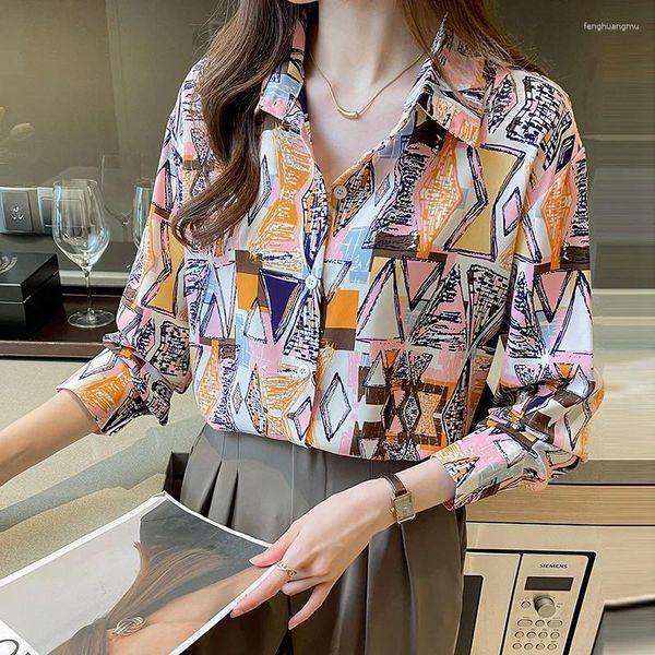Blouses pour femmes pour les femmes habillées décontractées colorées chemise à manches longues style coréen géométrie imprimer hauts chemises de bureau en vrac Camisas De Mujer
