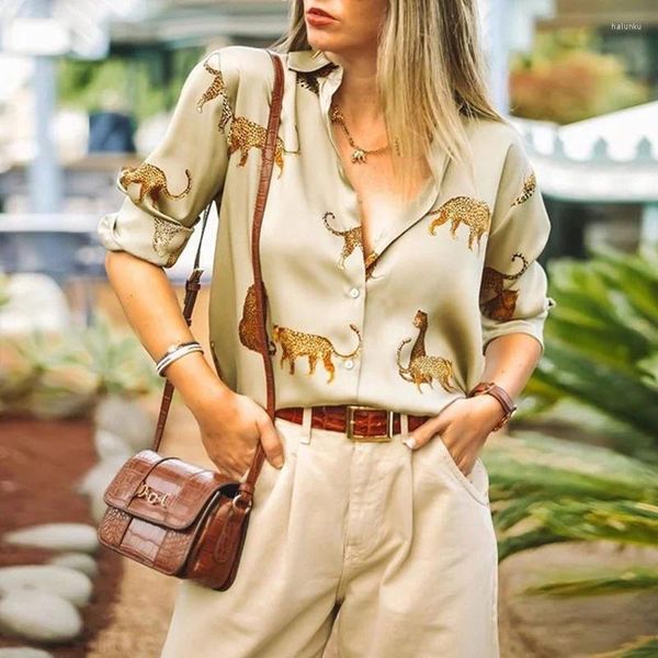 Blusas de mujer para mujer Camisas con botones y estampado de leopardo de manga larga informales elegantes Tops de trabajo sueltos Trajes con cuello Camisas E Blusas