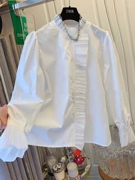 Bodas de mujeres para mujeres Fashion 2024 Camisa blanca Francés Rushled Loose Collar Manga larga Blusa Feminina Top Chemise Femme